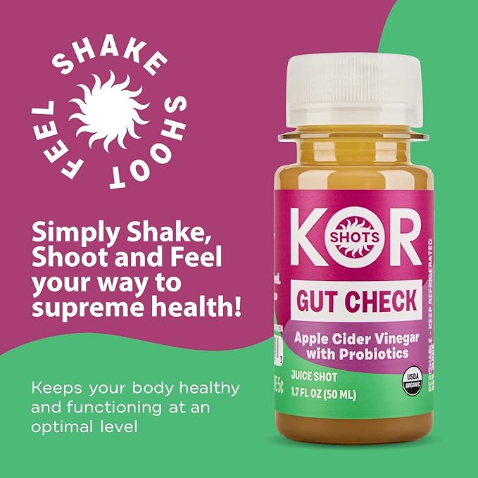 Kor Shot Apple Cider Vinegar Probiotics Shot - 24 Pack x 1.7 Fl Oz - Gut Check - Digestive Health - 1 Billion Cfu Probiotics - USDA Certified Organic