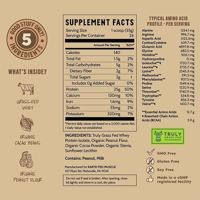 Earth Fed Muscle Power Couple Peanut Butter Chocolate Truly Grass Fed Whey Protein Isolate - Third-Party Certified. No Artificial Ingredients Soy Free Gluten Free Hormone Free 26 Servings