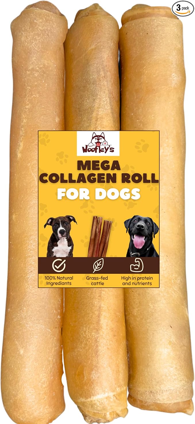 Woofley's Extra Thick Collagen Roll (10-12 Inch - 3 PCS) - Chews for Dogs - Bully Stick Rawhide Alternative Dog Chews No Hide Bones for Medium &amp Large Dogs