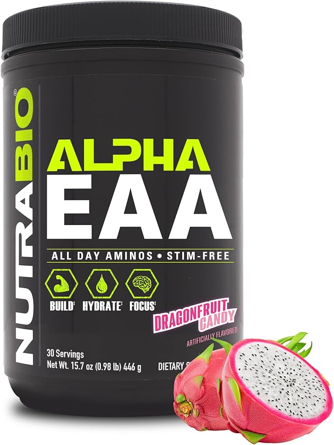 NutraBio Alpha EAA - All-Day Amino Acids for Muscle Growth and Hydration - Essential Amino Acids with Nootropics &amp Adaptogens- Full Spectrum EAA BCAA Powder - 30 Servings - Dragon Fruit