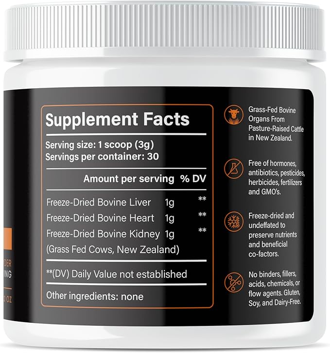Bovine Organ Powder: GrassFed Beef Organ Complex – Primal Multivitamin for Women &amp Men (B Complex Vitamins Heme Iron Supplements Vitamin A B12 Folate Selenium and Zinc Supplements) – 90g