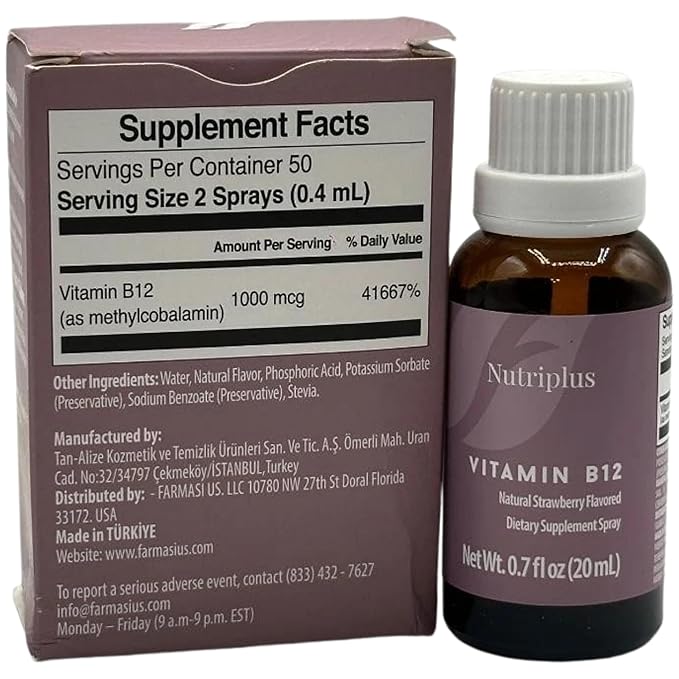 FARMASi Nutriplus Vitamin B12 Spray 1000 mcg – Quick-Absorbing Vegan &amp Strawberry-Flavored 20 ml / 0.67 fl oz
