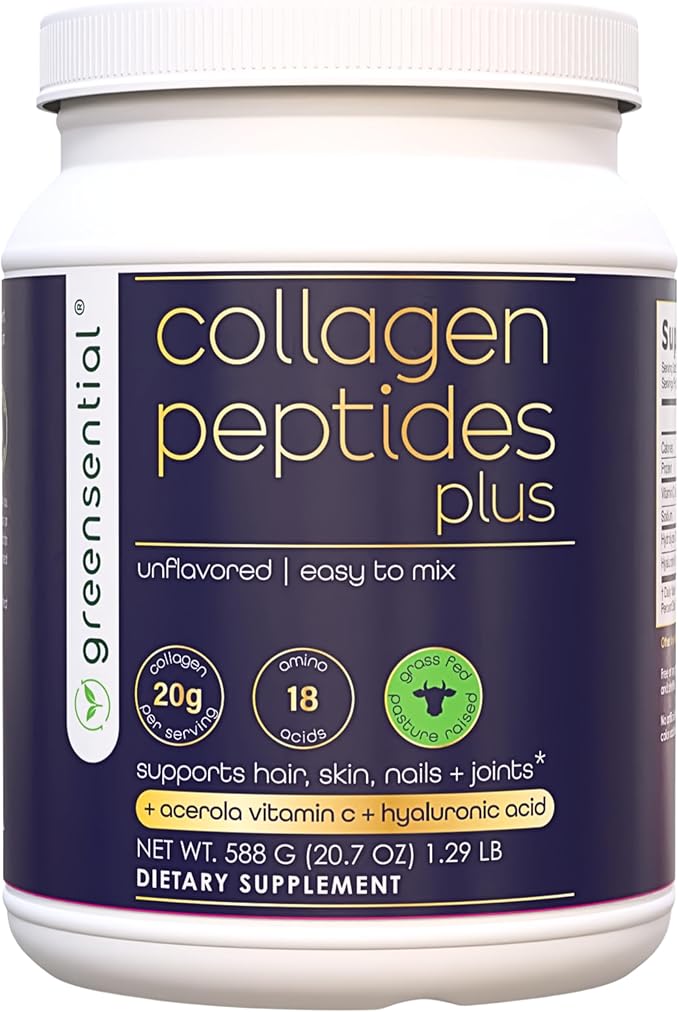 Collagen Peptides Plus Powder 21 Oz | + Vitamin C &amp Hyaluronic Acid | 100% Hydrolyzed Grass-Fed | Hair Skin Nail &amp Joint Support | 3rd-Party Tested Easy-Mix Unflavored 28 Servings