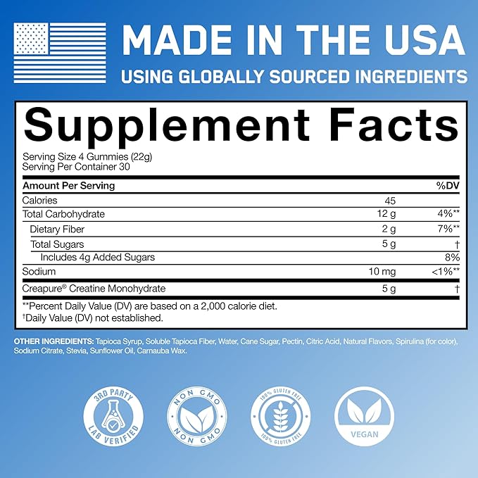 SteelFit Creapure Creatine Monohydrate Gummies for Men &amp Women Blue Raspberry - Gym Workout Nutritional Supplements for Muscle Gain Brain Health &amp Strength Building Dietary Supplement 120 G