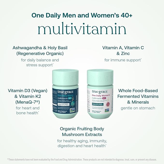 True Grace One Daily Men's Multivitamin 40+ (30 Vegan Tablets) + One Daily Women’s Multivitamin 40+ (30 Vegan Tablets) - Non-GMO - 30-Day Supply of Each