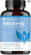 Pure Micronutrients Vitamin D3 K2 Supplement | MK7 100mcg D3 5000 iu Calcium + BioPerine | Muscle &amp Bone Health Heart Immunity &amp Energy Support | Vegan | 60 Capsules