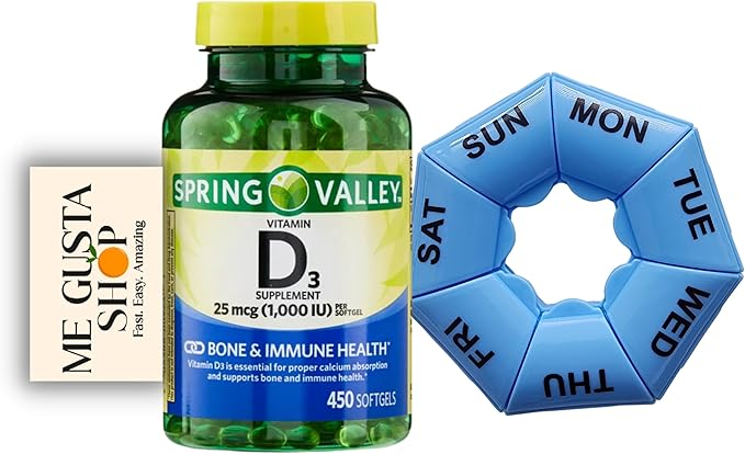 Vitamin D3 25mcg 1000 IU 450 Count Softgels Spring Valley Bundle with Pill Organizer and Me Gustas Sticker Pack of 02