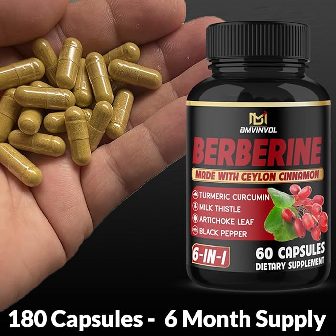 (3 Packs) Berberine Supplement Plus Ceylon Cinnamon Milk Thistle Turmeric Artichoke Leaf Black Peppe - 6 Month Supply - 180 Capsules Total