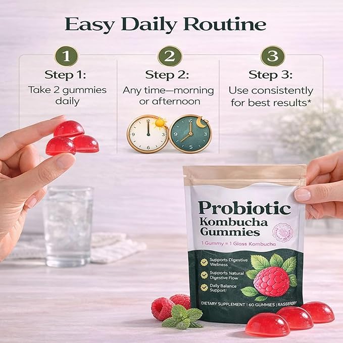 Probiotic Kombucha Gummies with Prebiotics Probiotics &amp Postbiotics – Digestive Support Fiber Gummy Supplement with Slippery Elm Dandelion Root &amp MCT Oil – Vegan Non-GMO 60 Gummies