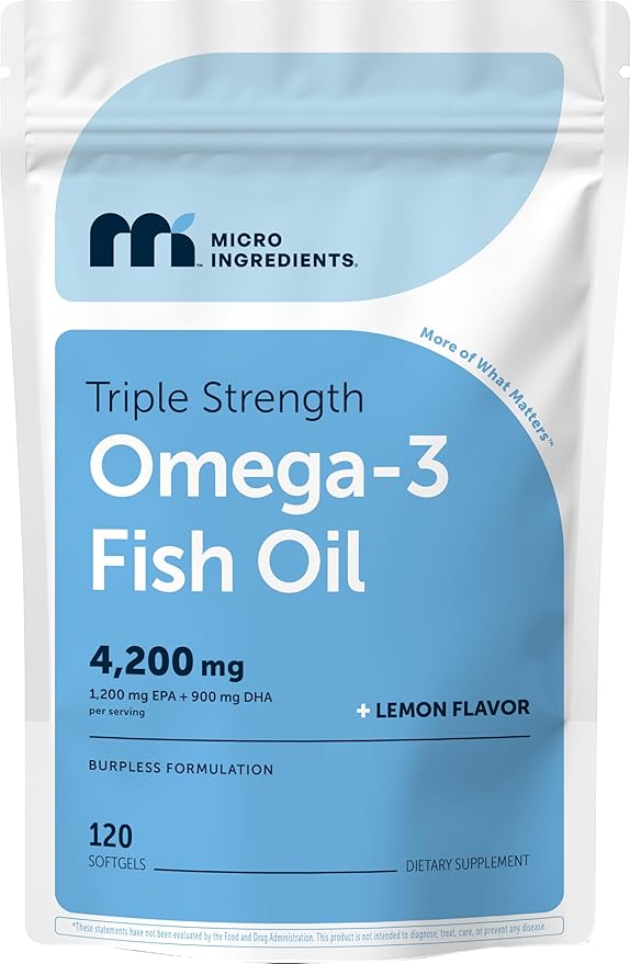 Micro Ingredients Triple Strength Omega 3 Fish Oil Supplements 4200mg Per Serving 120 Softgels – Lemon Flavored – Burpless | EPA 1200mg + DHA 900mg | Deep Sea Fish
