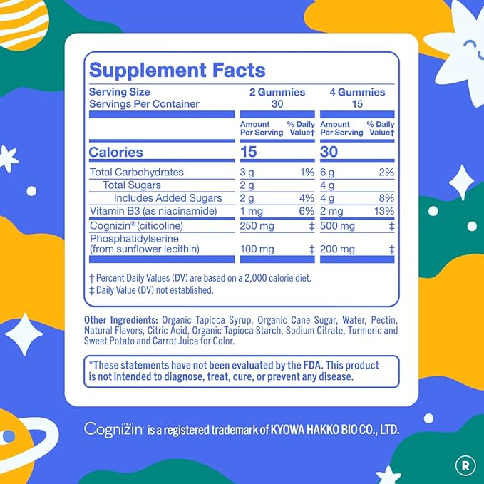 FIRST DAY Kids Focus &amp Brain Supplement Gummies Ages 4+ | Attention &amp Calm Support with Cognizin® Citicoline &amp Phosphatidylserine | Organic Vegan | 30-Day Supply