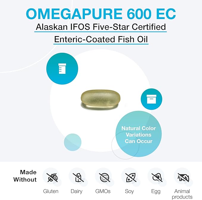 XYMOGEN OmegaPure 600 EC - Cardiovascular &amp Brain Support - IFOS Five-Star Certified Fish Oil - DHA EPA Omega-3 Supplement - Enteric Coated Softgels - 60 Softgel Tablets
