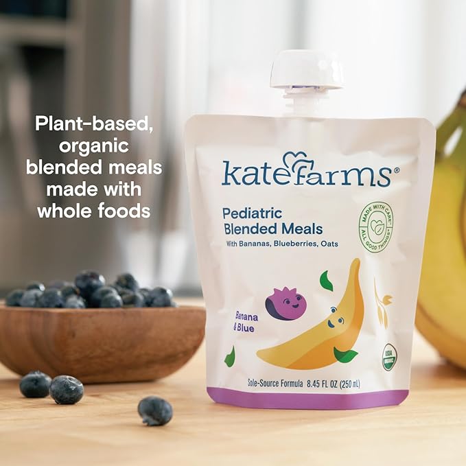 KATE FARMS Organic Pediatric Blended Meal Bananas and Blueberries 8g protein organic whole foods oral or tube feed nutrition Gluten Free Non-GMO 8.45 oz (12 Pack)
