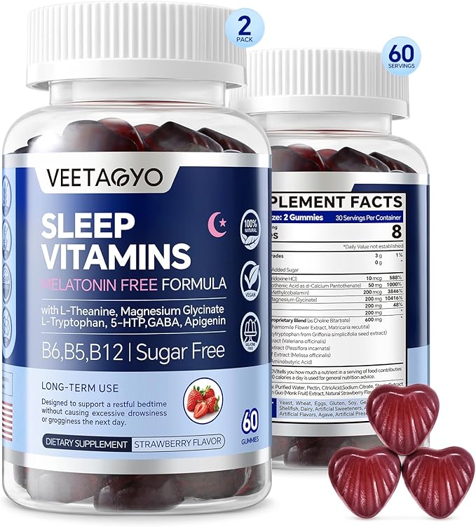 Melatonin Free 5-HTP GABA Supplement Gummies for Adults &amp Kids 12+ with L-Theanine Magnesium Glycinate L-Tryptophan Apigenin - Sugar Free Strawberry Flavor Vegan 120 Count