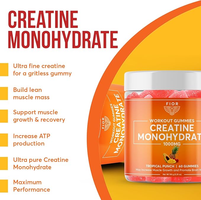 FIOR Creatine Gummy - Best Creatine Monohydrate Chewable 60 Count Workout &amp Protein Supplement Cognitive Enhancement Tropical Punch Flavor 30 Servings