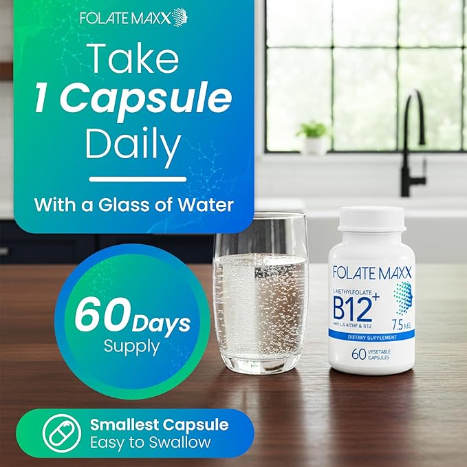 L Methylfolate 7.5mg Plus B12 Methyl - 60 Capsules - 5-MTHF with B12 Methylcobalamin Supplement for Mood Methylation and Cognition - Bioactive Forms of Vitamin B9 &amp B12-2 Month Supply