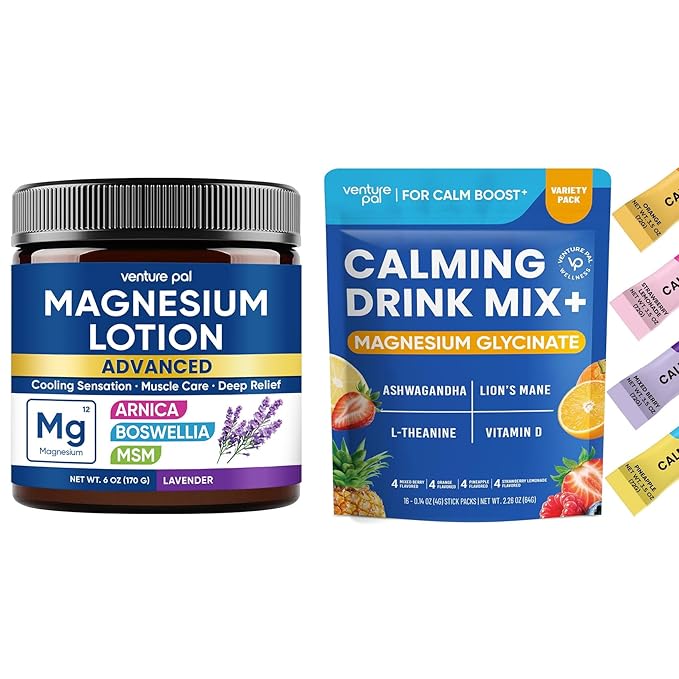 Venture Pal Magnesium Lotion + Calming Powdered Drink Mix - Sleep &amp Relaxation - Vegan &amp On The Go