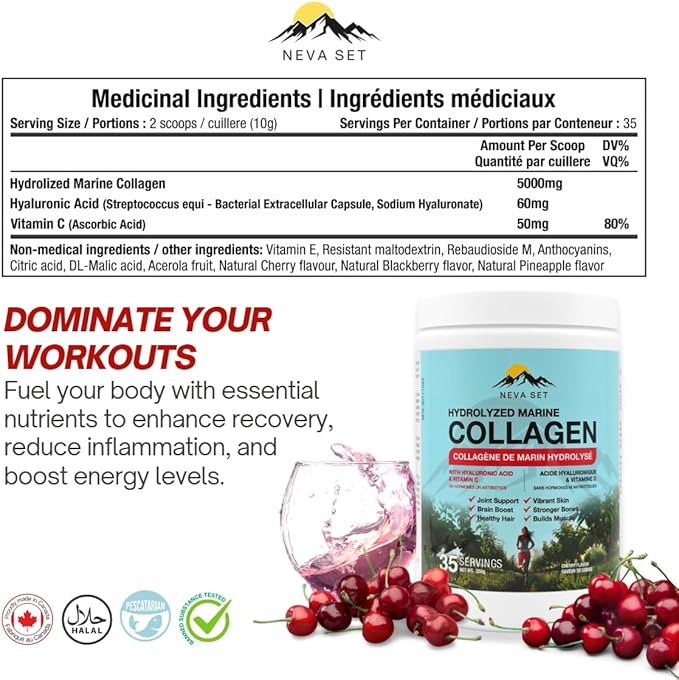 HYDROLYZED Marine Collagen with HYALURONIC Acid &amp Vitamin C – 350g/70 Scoops from NevaSet with Delicious Natural Cherry Flavour. Supports Joints Hair Skin Bones Muscles and Cognitive Functio