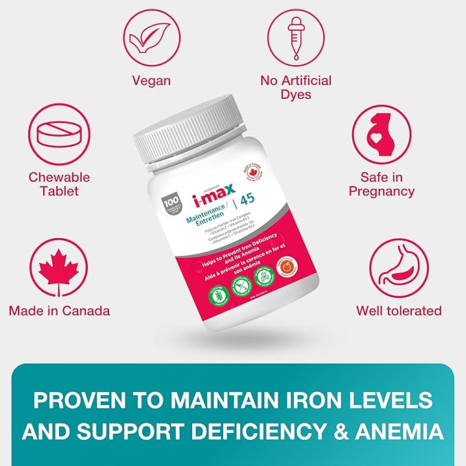 i-max Maintenance Iron Supplement 45mg Elemental Iron-Polyschaccaride Complex + Vitamin C &amp B12 Iron Supplement for Women &amp Men No Artificial Dyes Orange Flavor 100 Chewable Tablets