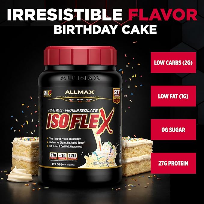 ALLMAX ISOFLEX Pure Whey Isolate Protein Powder - Gluten Free Low Lactose Sugar-Free - High-Protein Clean Keto-Friendly for Pre Post Workout Supplement for Women and Men | Birthday Cake 2lb