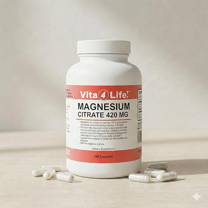 Vita4Life!® - Premium Magnesium Citrate High Absorption Capsules (240 Count)