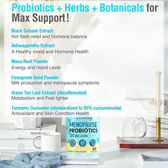 Menopause Supplements for Women 120 Billion CFU Probiotic 13-in-1 Herbs Probiotics Complex for Menopause Relief Hormone Balance Hot Flashes Night Sweats Mood Swings Gut &amp Immunity - 60 Cap