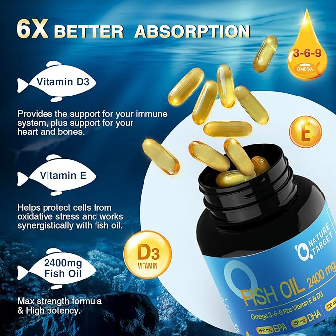 NATURE TARGET Bone &amp Heart Synergy Bundle — Vitamin D3 K2 + Triple Omega 3-6-9 Fish Oil with Calcium &amp Magnesium &amp Vitamin E Complete Daily Support for Bones Heart Brain &amp Immune He
