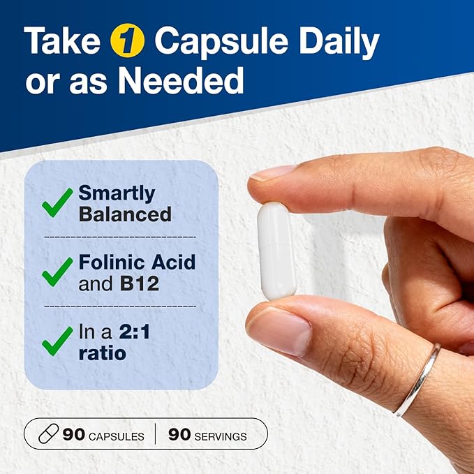 Active Folate (Folinic Acid 1000 MCG) + B12 500 mcg (Adenosyl &amp Hydroxo) Gentle &amp Highly Absorbable Supports Energy Brain Health &amp Metabolism Vegan 90 ct