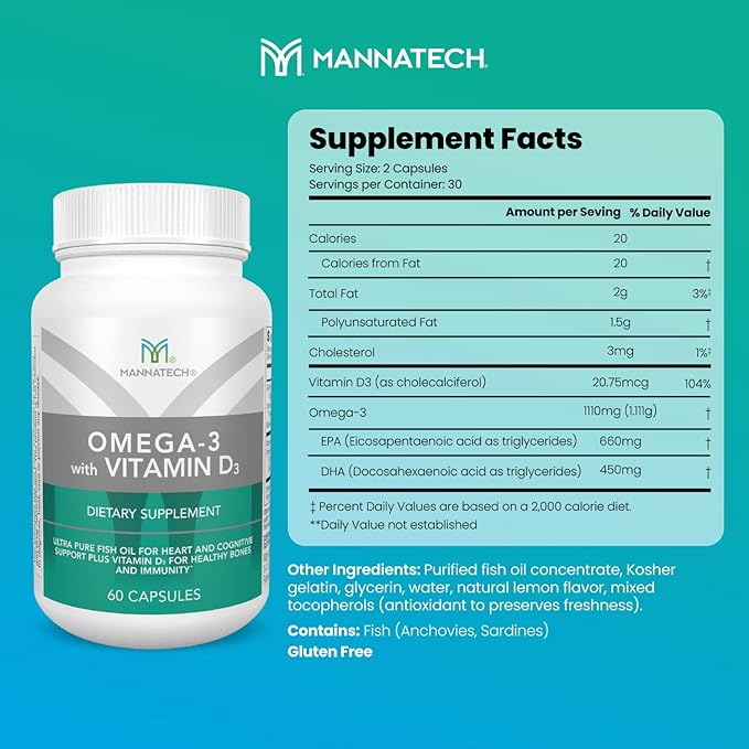 Mannatech Omega-3 with Vitamin D3 for Bone Heart Health and Cognitive Support Made of Pure Fish Oil