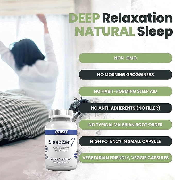 Dr.K&ampC SleepZen7 Sleep Supplement – All Natural Botanical Plant Sourced 1200 mg 100 Veggie Capsules Sleeping Support Organic Tart Cherry Valerian Root Extract No Filler Non GMO