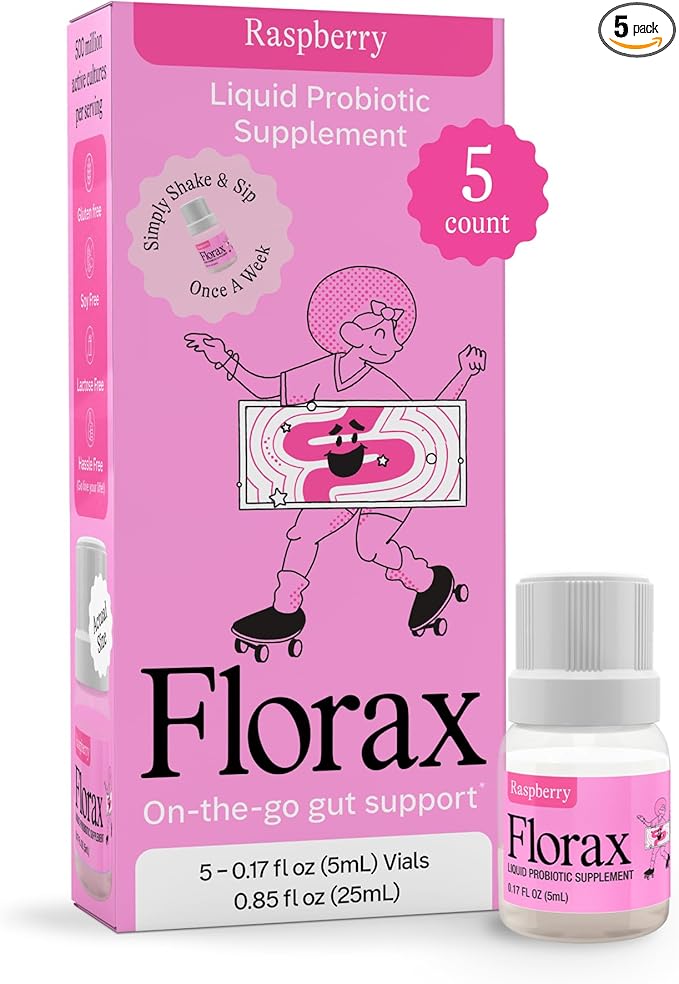 Florax - Liquid Probiotic - On-The-go Gut Support for Women Men and Children - Vegan Gluten Free Lactose Free Soy Free and Preservative Free - Raspberry Flavor - 5 Vials