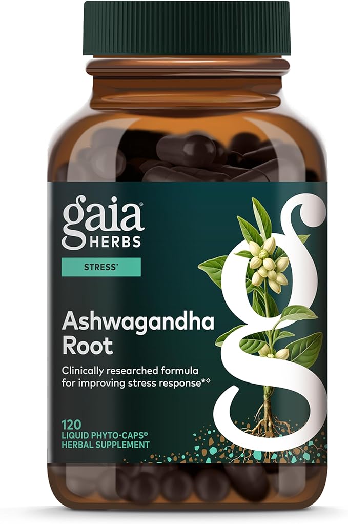 Gaia Herbs Ashwagandha Root - Stress Relief &amp Sleep Support Supplement - Supports Balanced Energy Levels &amp Positive Outlook* - 120 Vegan Liquid Phyto-Caps (60 Servings)