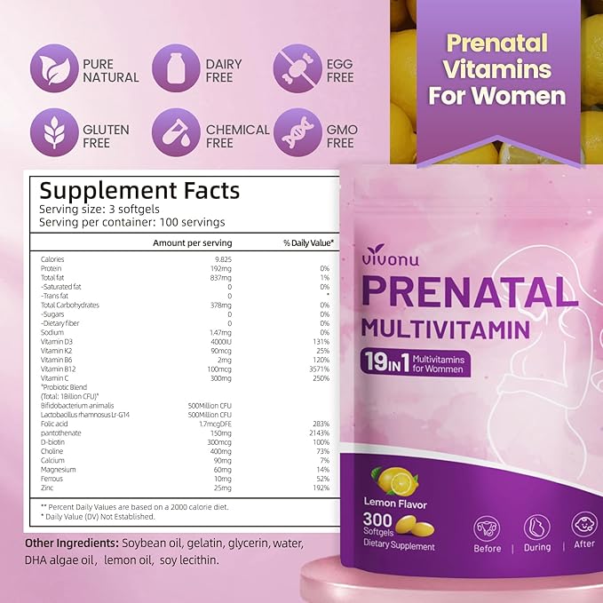 VivoNu 19 in 1 Prenatal Multivitamin Vitamin D3 K2 B6 B12 C with Folic Acid Choline Probiotic Iron Calcium Zinc &amp Magnesium Lemon Flavor+Vitamin D3 K2 10000 IU Softgels