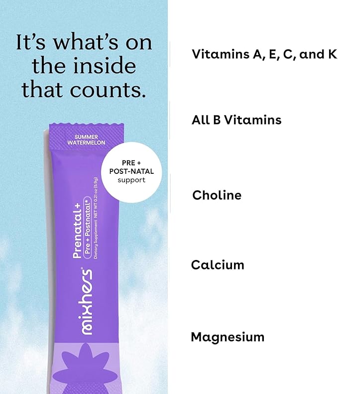MIXHERS Prenatal + Pre + Postnatal Vitamins Drink Mix | Formulated with Vitamin A C D E &amp K | Summer Watermelon Flavor | 15 Stick Packets | 1 Pack