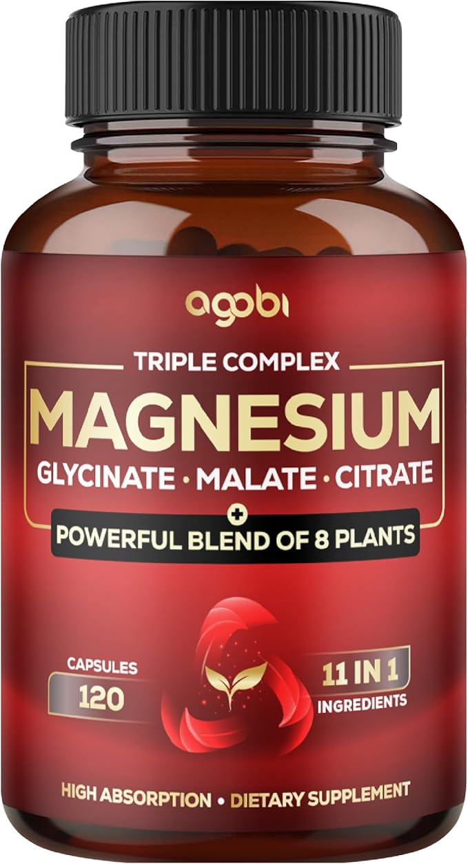 Magnesium Triple Complex - 600mg Magnesium Glycinate Malate &amp Citrate - Added Spinach Swiss Chard &amp Others - Support Calm Restful Mood &amp Muscle Cramp - 120 Capsules