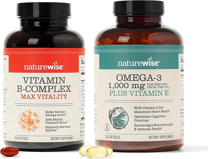 NatureWise Vitamin B Complex 360 Softgels &amp Omega 3 Fish Oil 180ct for Energy Heart Brain Immune &amp Vision Support