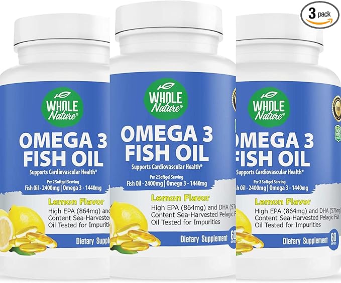 Omega 3 Fish Oil Supplements Maximum Strength 2400 mg Omega-3 1440mg Fish Oil EPA DHA Fatty Acids Heart Health Vision Eye Brain Immune Support for Women &amp Men. Natural Lemon Flavor 180ct
