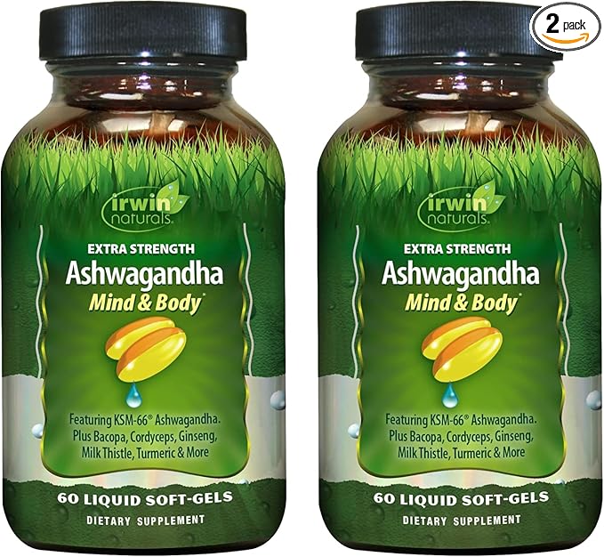 Irwin Naturals Extra Strength Ashwagandha Mind &amp Body – 60 Liquid Soft-Gels - 2 Pack