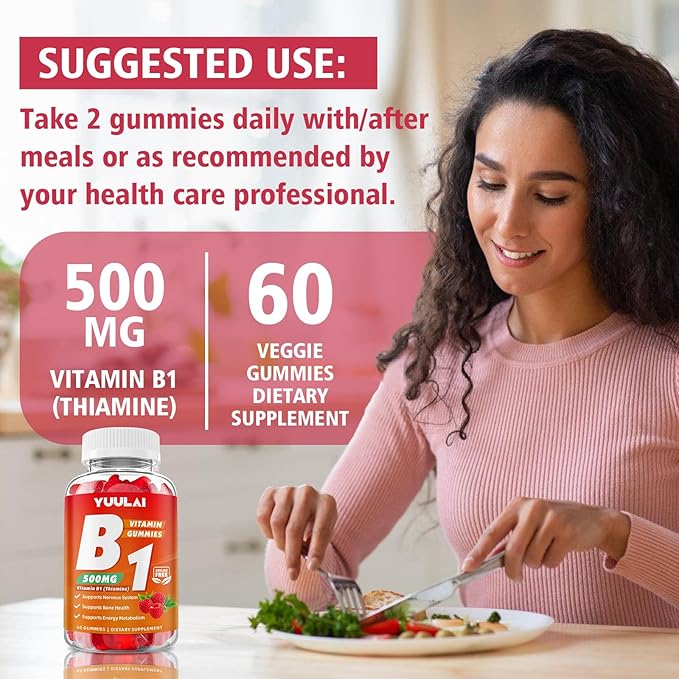 Pack of 2 Vitamin B1 Gummies 500mg for Adults &amp Kids Thiamine B1 Supplement with Magnesium Vitamin B1 Supplement for Nervous System Supports &amp Boost Energy Raspberry Flavor 120 Count
