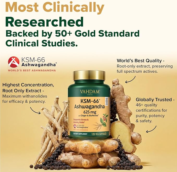 VAHDAM KSM -66 Ashwagandha 625 mg with Ginger &amp Piperine Support Stress Relief (120 Capsules)
