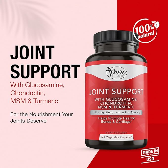 Pure By Nature Joint Support Glucosamine with Chondroitin Turmeric MSM Boswellia Supplement 270 Capsules
