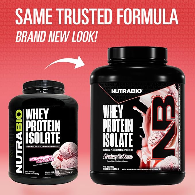NutraBio 100% Whey Protein Isolate Powder 25g with Complete Amino Acid Profile Soy and Gluten Free Low Carb and Low Calorie Strawberry Ice Cream 5 Lbs