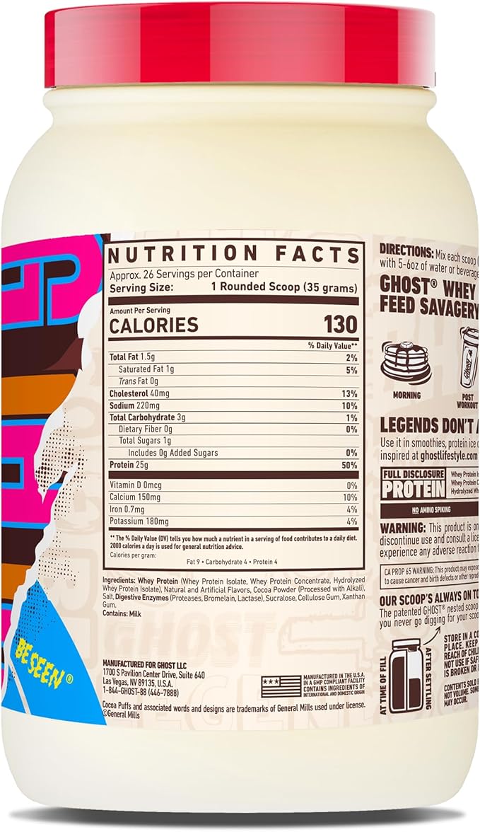 GHOST Whey Protein Powder Cocoa Puffs Cereal Milk - 2LB 25G of Protein - Whey Protein Isolate &amp Concentrate Blend - Post Workout Fitness &amp Nutrition Shakes Smoothies &amp Baking - Soy &amp