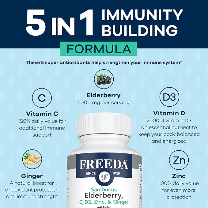 FREEDA Sambucus Elderberry with Vitamin C Zinc Vitamin D3 &amp Ginger - 5 in 1 Herbal Antioxidant Immune Support Supplement for Women &amp Men - Gluten Free Adult Elderberry Capsules USA Made (12