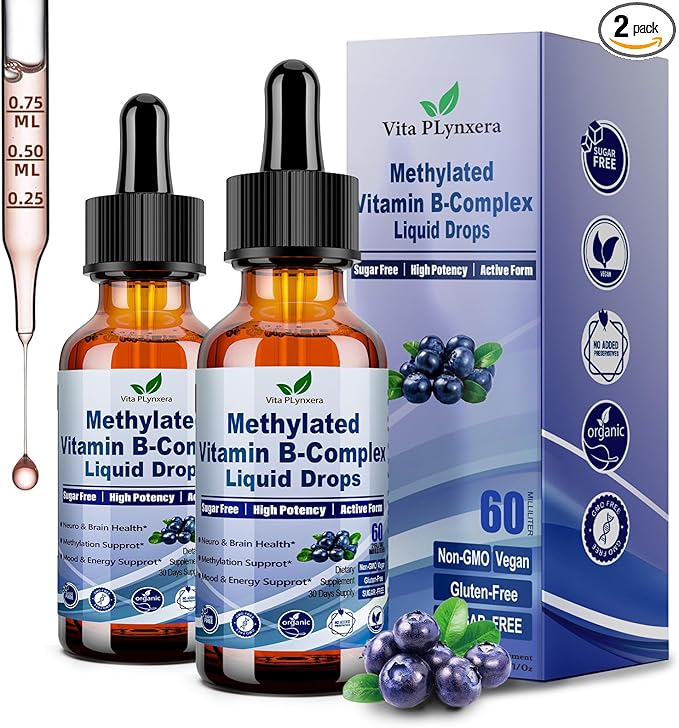 2 Pack Methylated B Complex Liquid Drops Complete 9-in-1 Methyl B Vitamins w. B12 Methylfolate Inositol Choline TMG Vitamin C E Super B-Complex Methylated for MTHFR Support Energy Mood Nerve Health1
