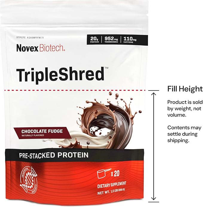 Novex Biotech TripleShred Protein - Pre-Stacked Protein - Increase Energy and Focus - Build Muscle - Chocolate Fudge 20 svgs (Pack of 2)