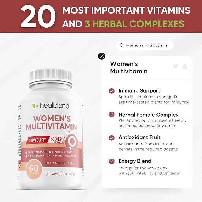Women's Multivitamin with Biotin (Without Iron) - 20 Essential Vitamins and Minerals Supports General Health Energy &amp Immunity - 60 Capsules (3)