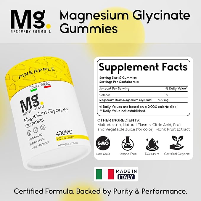 Magnesium Glycinate Gummies 400mg - Sleep Gummies for Kids &amp Adults - Magnesium Glycinate Chewable High Absorption for Muscle Recovery Better Sleep &amp Relaxation 60 Count Pineapple
