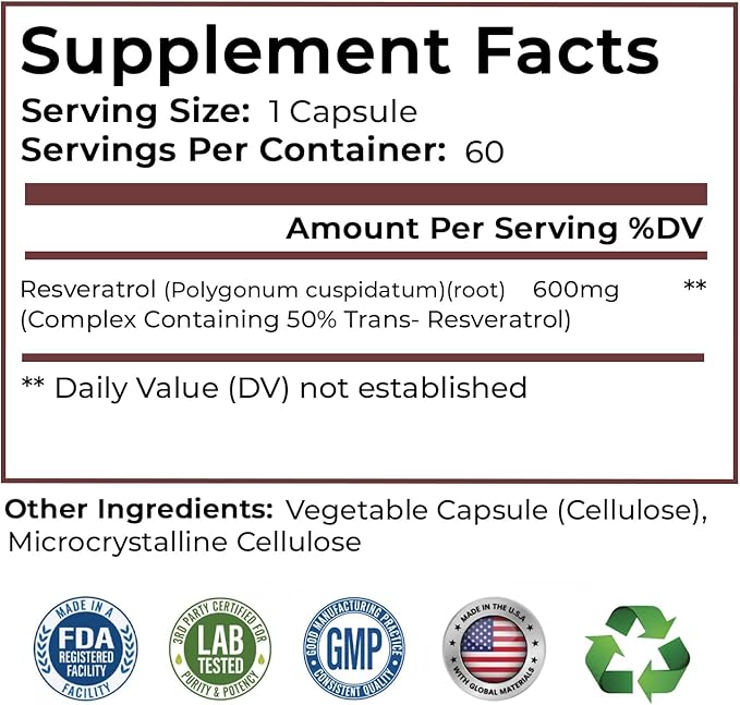 Chronox 600mg Resveratrol Supplement – Plant-Based Antioxidant from Polygonum Cuspidatum – Vegan Non-GMO Gluten-Free – 60 Capsules