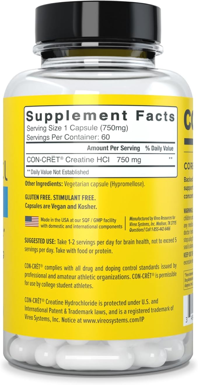 CON-CRET Creatine HCl for Brain Health Capsules – Clinically Tested Support for Memory Focus Concentration Problem-Solving Clarity and Mood.* | Made in USA (60 Day Supply)